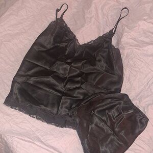 Victoria's Secret M Black Satin Lace Cami Short Set Sleepwear Lingerie NWT